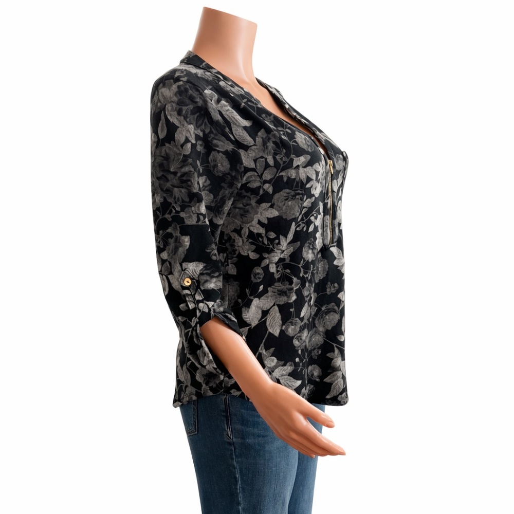 Blue Mood Black Gray Floral Zip V-Neck Blouse Roll Tab Sleeves Size Small - Picture 5 of 12